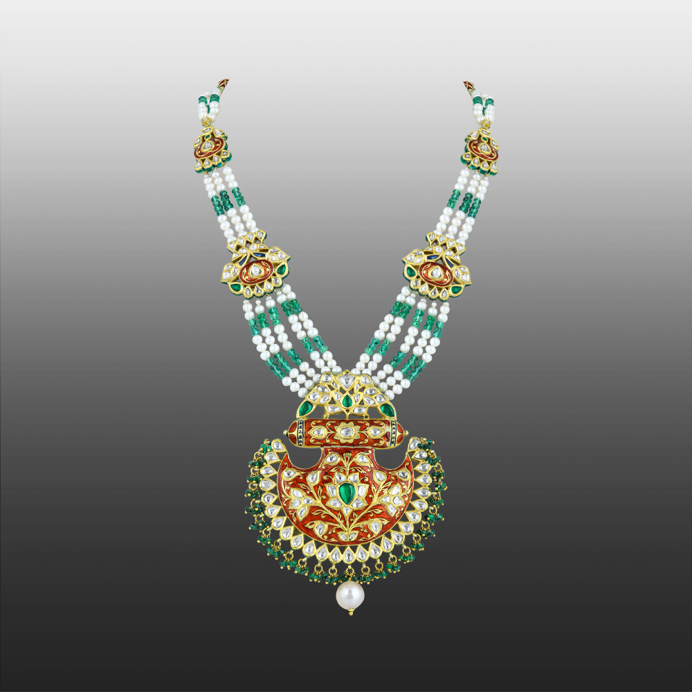 Red Enamel Polki Pendant Necklace with Pearls & Emerald Beads